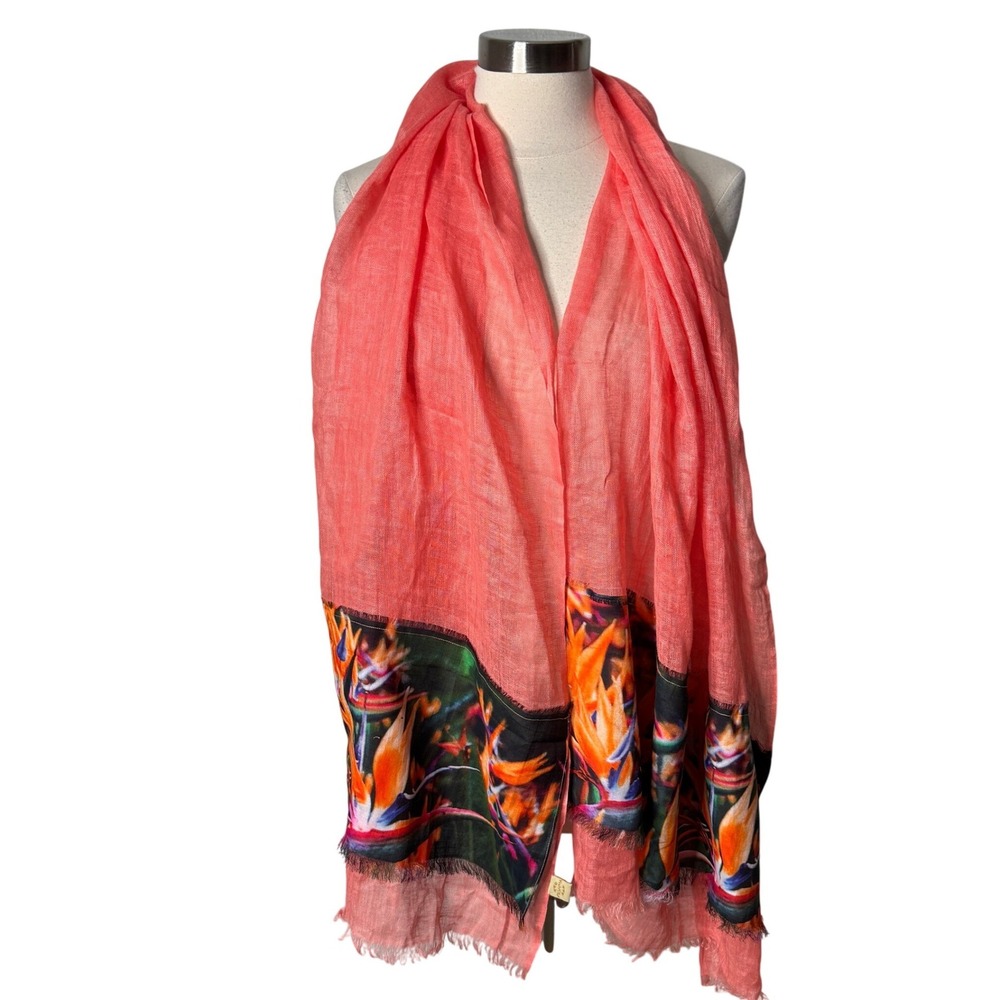 Pashma Linen Cashmere Silk Scarf Coral Pink Bird of Paradise Floral Wrap Shawl